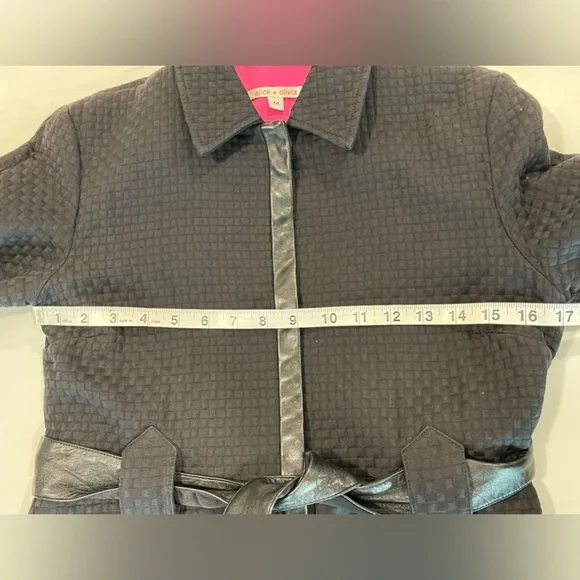 Alice + Olivia | Leather Trim Belted Trench Coat | Black | M/6 - Picture 4 of 12